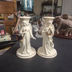 Lenox Fine Bone China "The Heavenly Angel Candlesticks" (2) "Angels Of Light Collection" 1995 W/24K Gold Trim Holding A Horn & A Harp 7" Mint Conditio