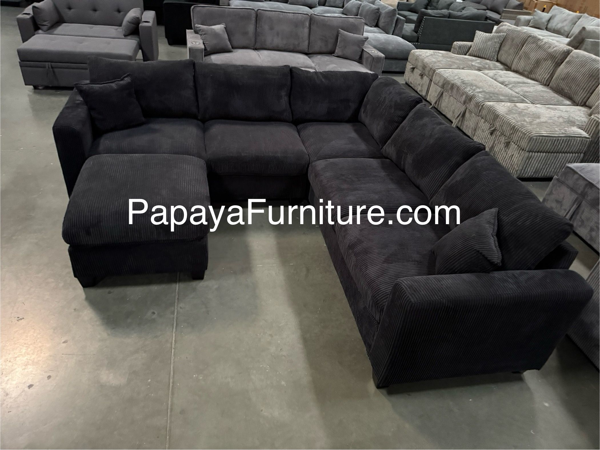 New! Black Sectional Sofa And Ottoman, Black Couch, Black Corduroy Sectional. L-Shaped Sofa, Couch, Sectionals, Black Sofa, Black Sectional,Plush Sofa