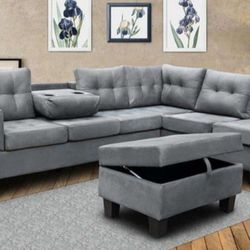 Grey Velvet Sectional With Ottoman 