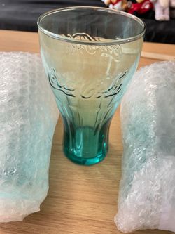 Set of 3 Coca-Cola Blue Green 14 Ounce Embossed Glass
