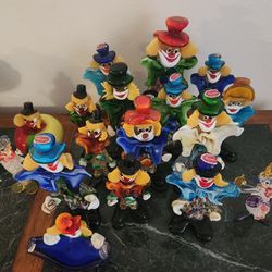 14 Vintage MURANO Glass Clowns Figurines, All Different from 8" to 12