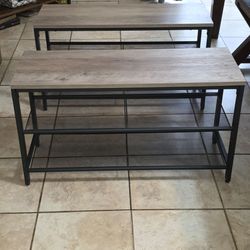 2 Gray Tan Shoe Bench Organizer Storage Black Mesh Shelves 31.5" x 17.5" x 12"