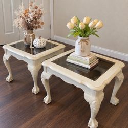 Pair of White Queen Anne Glass Top End Tables