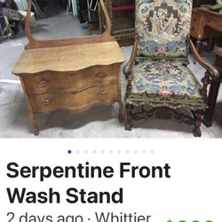Antique Tiger Oak Wash Stand With Serpentine Front