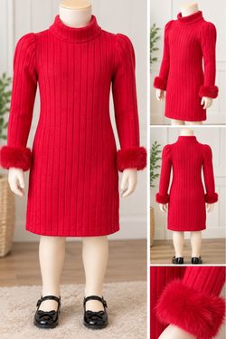 Girls Red Ribbed Sweater Dress with Fur Cuffs