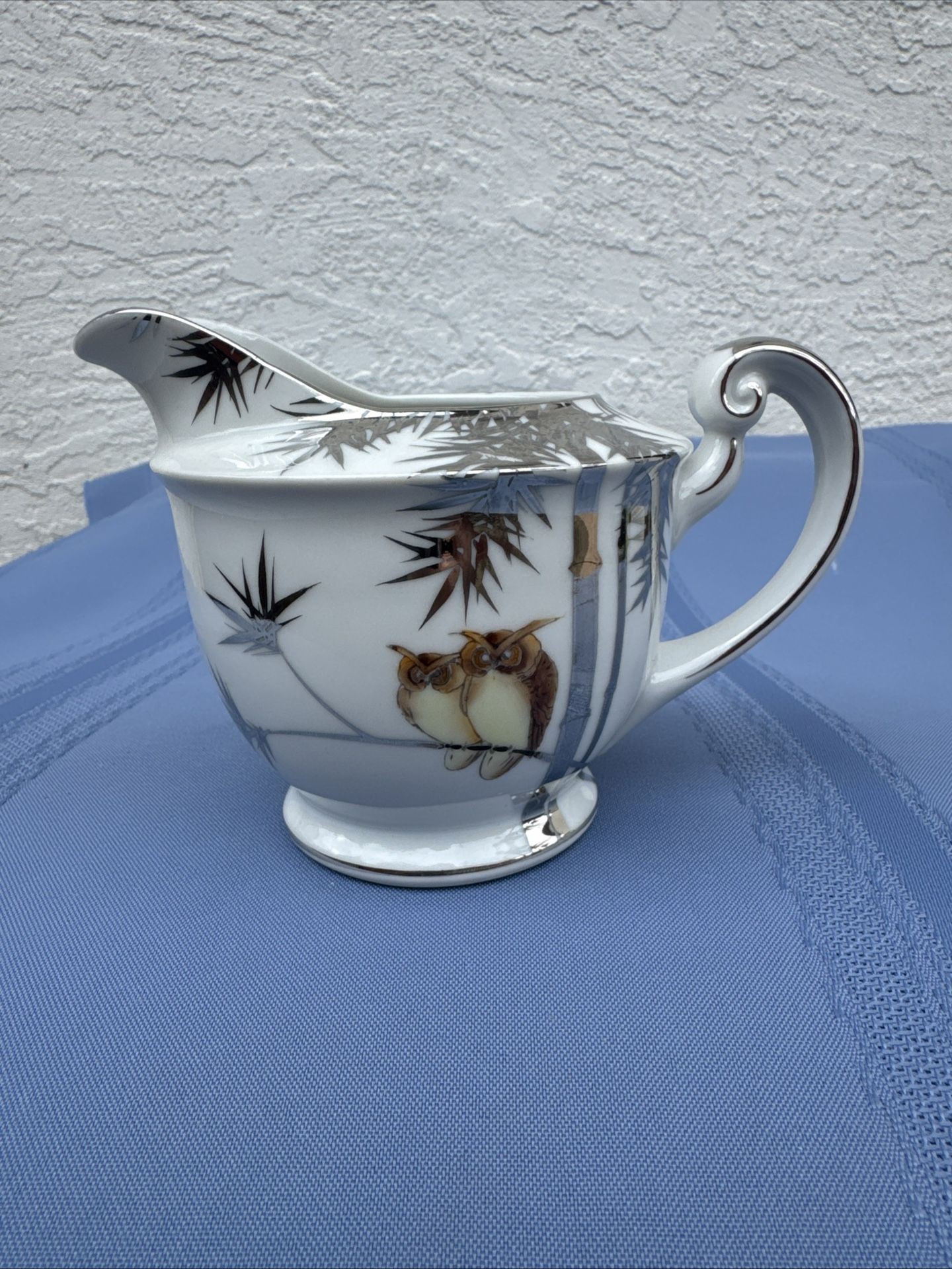 Vintage Kutani Porcelain Silver Bamboo Owl Creamer 1950s