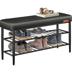 VASAGLE Colección EKHO - Banco para guardar zapatos, banco de almacenamiento para entrada, cuero sintético con costuras, estilo moderno de mediados de