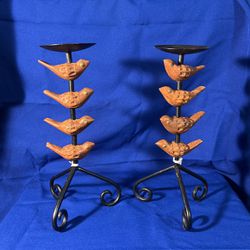  Set of 13" Black Wrought Iron Pillar Candle holder with Wood Birds