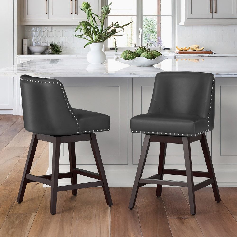 26 in. Black Faux Leather Upholstered Swivel Bar Stool Set Of 2