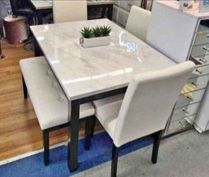 ✅️✅️ 5 pc dark finish wood faux marble top  rectangular dining table set with bench ✅️✅️
