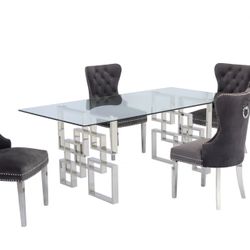 Glam 5-piece Gray Velvet Ring Pull Chairs Stainless Steel Base Dining Table Set