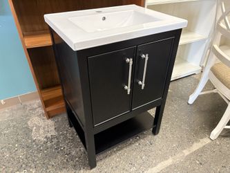 NEW! STERLING RIVER Freestanding Black 24″ Bathroom Vanity w/ White Ceramic Top