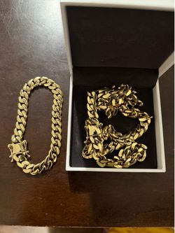 14k Yellow Gold plated Cuban Link Necklace & Bracelet Set, Signed, 10mm