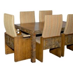 beautiful 1973 Mid Century Modern vintage Lane Pueblo series Brutalist designed DINING TABLE, LEAF, 6 HIGH BACK CHAIRS and optional China Hutch