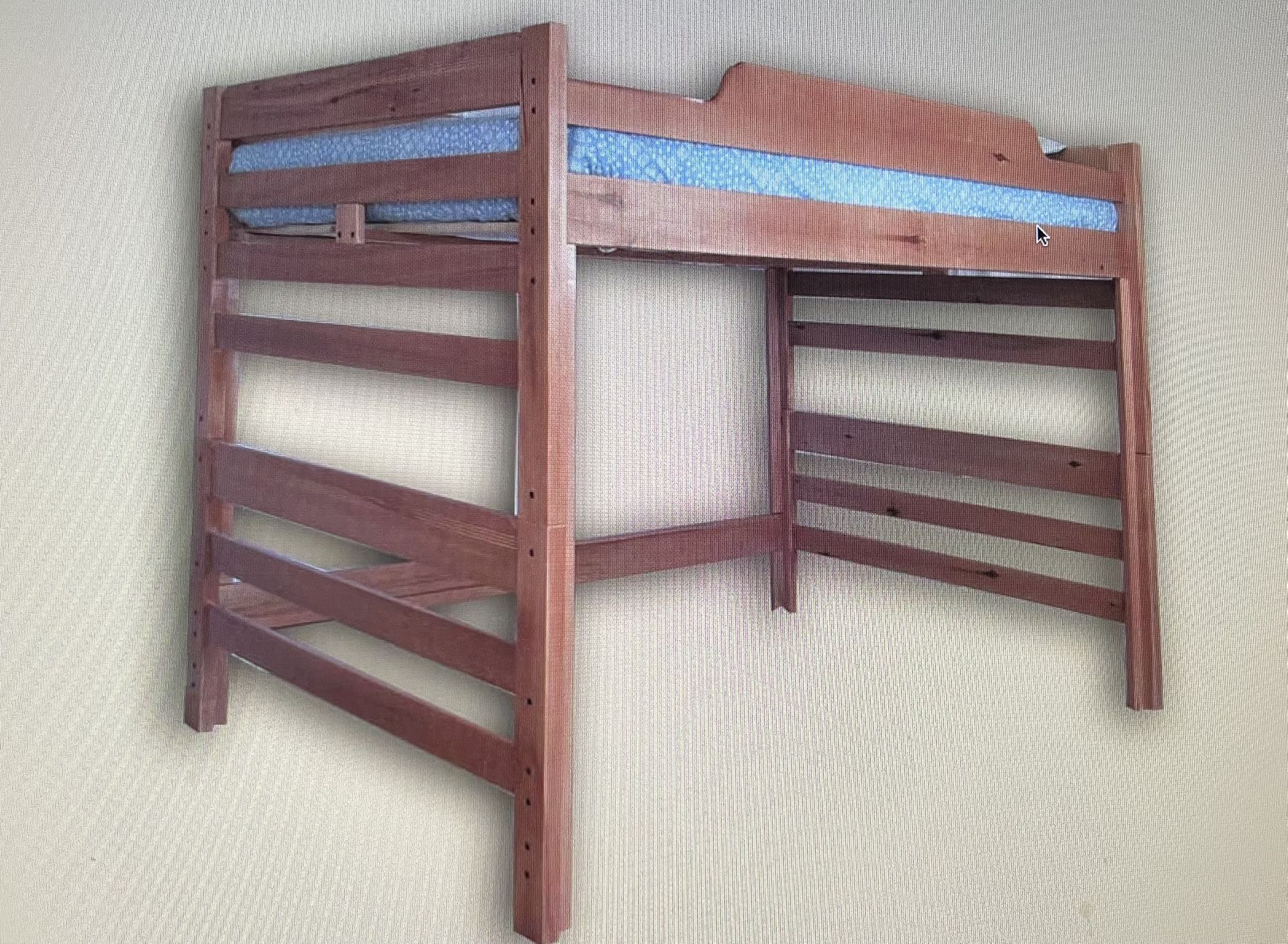 Wooden Full Size LOFT BED (Riddle Mfg.)+ Desk & Bookshelf