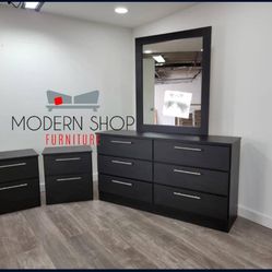 DRESSER WITH MIRROR AND TWO NIGHTSTANDS 