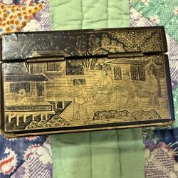 Small Antique 19th Century Chinese Black & Gold Lacquer Desk or Trinket Box