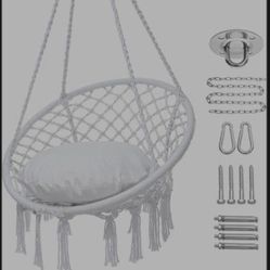 Hammock Chair Macrame Swing Chair, Max 330 Lbs, Hanging Chair Cotton Rope Hammock Chair Swing for Indoor and Outdoor Use, Gray
