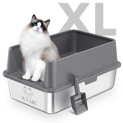 Stainless Steel Cat Litter Box with High Sides Lid, Extra Large XL