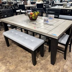 DINING ROOM TABLE SET 6 PIECES WITH BENCH MODERN DESIGN - [NEW]