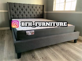 Queen Gray Wingback Button Tufted Bed w. orthopedic Mattress included