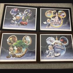 Disney Lithograph Framed  Set Of 4 Parks Icons 12 X 15