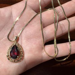 SOLID 10K YELLOW GOLD NECKLACE AND PENDANT GARNET 