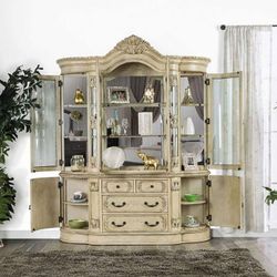 French Style Legs ANTIQUE WHITE FINISH CHINA HUTCH BUFFET CABINET