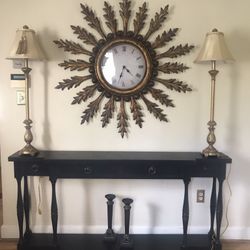 Hooker Console Table, Lamps, Clock, Candle Holders