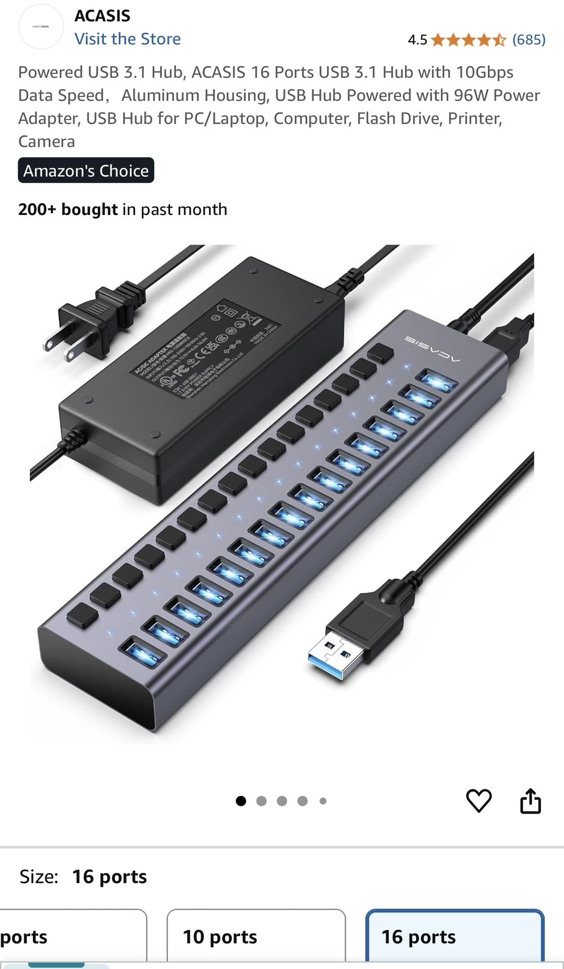 Powered USB 3.1 Hub, ACASIS 16 Ports USB 3.1 Hub with 10Gbps Data Speed,Aluminum Housing, USB Hub Powered with 96W Power Adapter, USB Hub for PC/Lapto