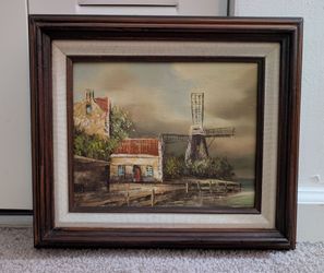 Vintage Original European Windmill Harbor Village 14¾"x12¾" Framed Oil Painting