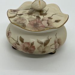 VTG Nippon Hand-Painted Porcelain Floral Lidded Bowl Vanity Powder Footed 3”Dish