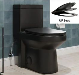 Hanikes 1-Piece 1.1/1.6 GPF Dual Flush Compact Round Toilet in Black Soft Close Seat Included