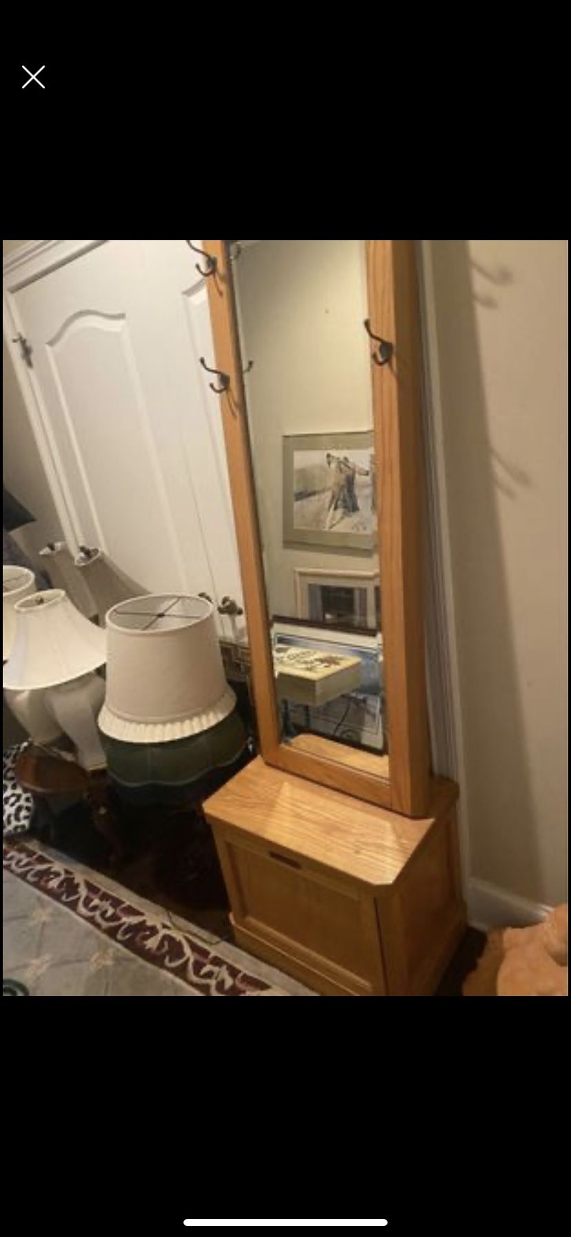 Furniture and cool accessories hall tree with mirror lowered from one $28-$85 new cool dog bed $65 vintage tea cups $65 art
