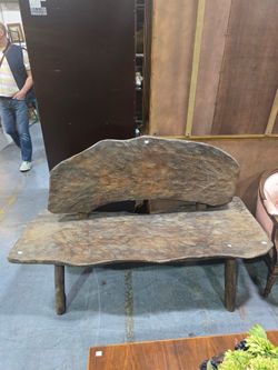Rustic Hand-Carved Slab Wood Bench