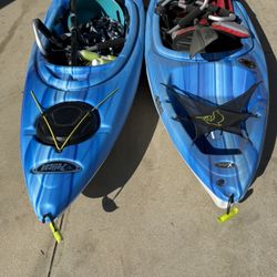 2 Pelican Kayaks - paddles-life vests -travel roof rack -garage storage
