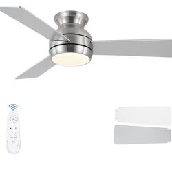 42 Inch Ceiling Fans with Lights and Remote, Brushed Nickel Low Profile Ceiling Fan with Light, Flush Mount, Reversible, 6 Speeds, 3CCT Dimmable, Bedr