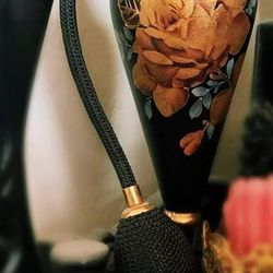 VINTAGE BRASS HAND PAINTED METALLIC GOLD FLORAL FLOWER ROSE GERMAN PERFUME BOTTLE ATOMIZER GERMANY