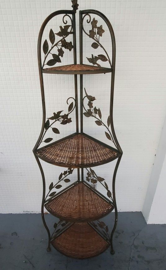 Gorgeously Detailed Metal And Rattan Folding Corner Shelf