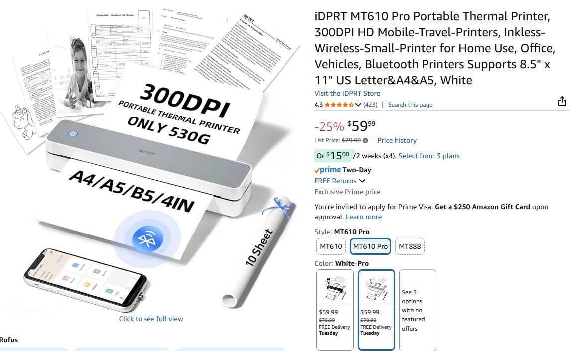 iDPRT MT610 Pro Portable Thermal Printer, 300DPI HD Mobile-Travel-Printers, Inkless-Wireless-Small-Printer for Home Use, Office, Vehicles, Bluetooth P