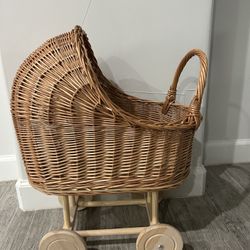 Wicker doll Natural Baby Carriage On Wheels