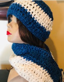 Beautiful Soft Blue and White Scarf and Hat Set Dodger Blue