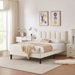 Taomika, Full Size Tufted Upholstered Platform Bed Frame with Adjustable Height Headboard-Beige