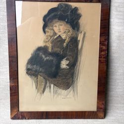 Portrait of a girl in a big hat with a muff and ermine. Pastel or mixed media on paper, signed by Virginia Keep Clark at the bottom. Virginia Keep Cla