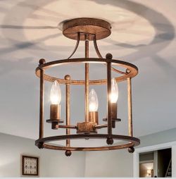 (Brand New in Box)  UOFUS 3-Light Farmhouse Vintage Semi Flush Mount Ceiling Light Fixtures in Rustic Bronze Metal Chandelier for Island Living Room B