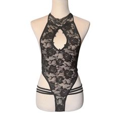 Women’s Black Lace Bodysuit Lingerie – Halter Neck Sheer One-Piece – Sexy Sleepwear Size Medium  