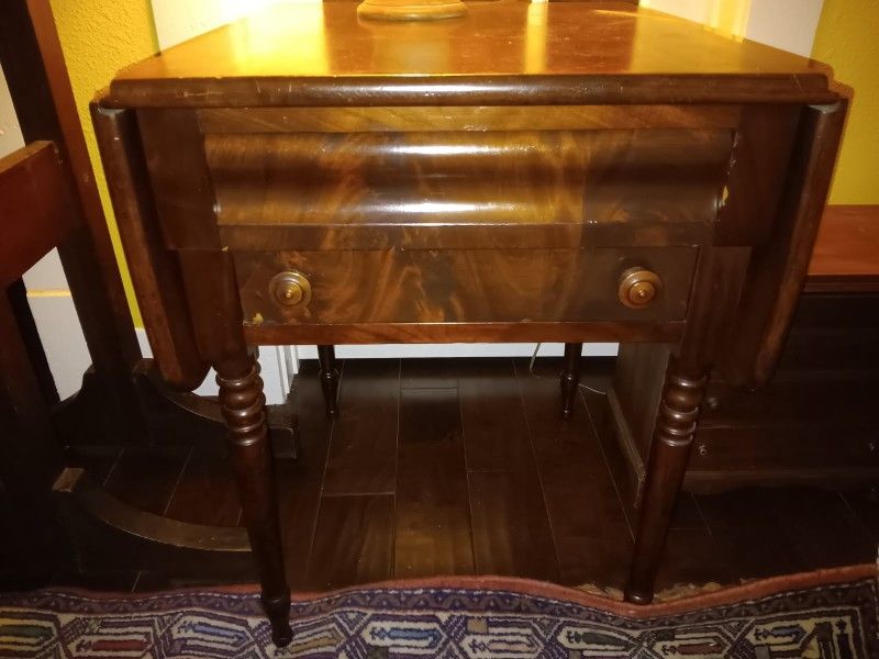 Antique Empire Mahogany Drop Leaf Lamp or End Table, American
