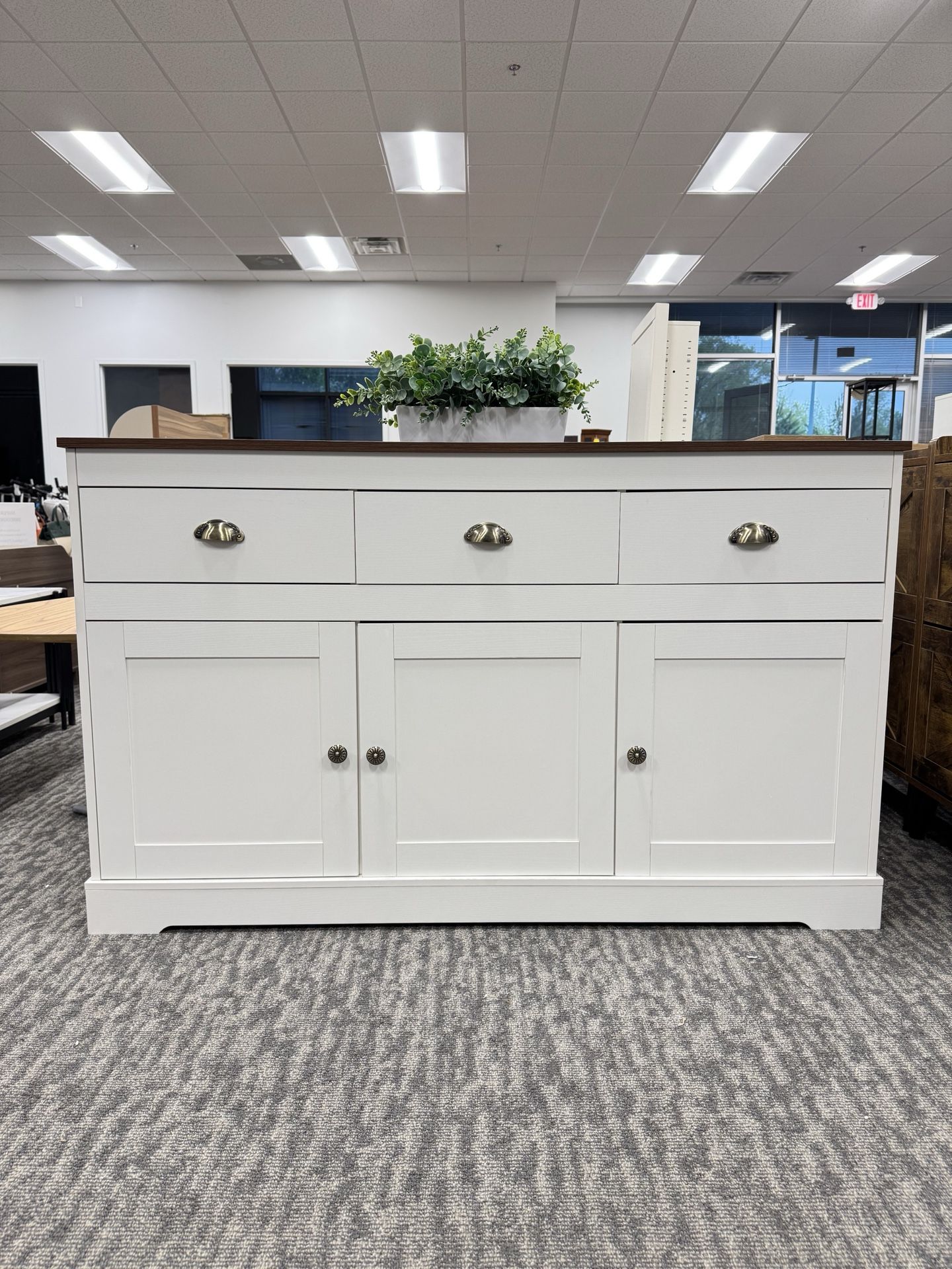 (Brand new)White Storage Buffet Sideboard, Farmhouse Bar Cabinet with 3 Drawers, 3 Doors, and Adjustable Shelves for Dining Room, Living Room, or Kitc