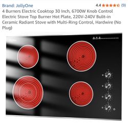 4 Burners Electric Cooktop 30 Inch, 6700W Knob Control Electric Stove Top Burner Hot Plate, 220V-240V Bulit-in Ceramic Radiant Stove with Multi-Ring C