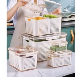 6-Piece Produce Storage Containers with Draining Baskets – Brand New Set